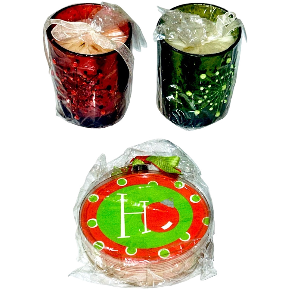 New Red and Green Holiday Coasters and Candles Set Party Decorations NWT